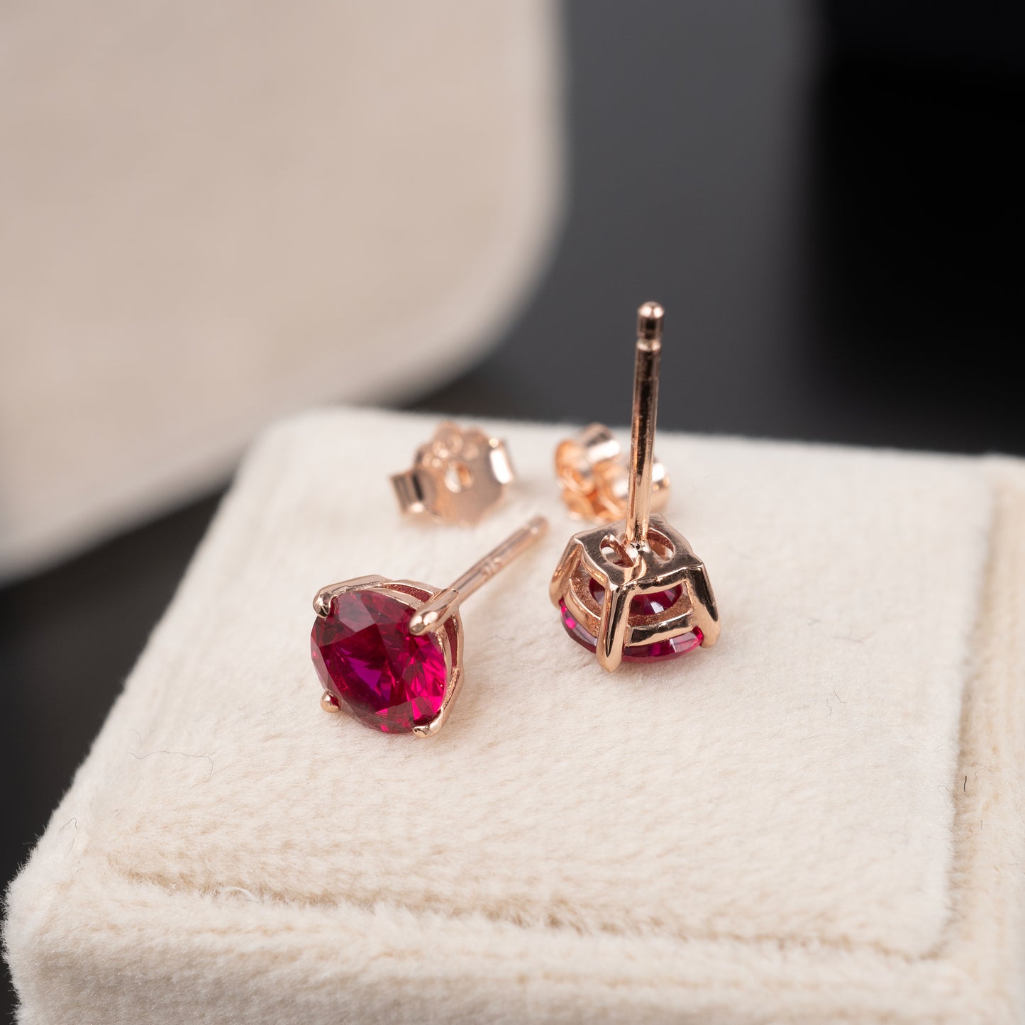 Lab ruby earrings rose gold setting hunters fine jewellery