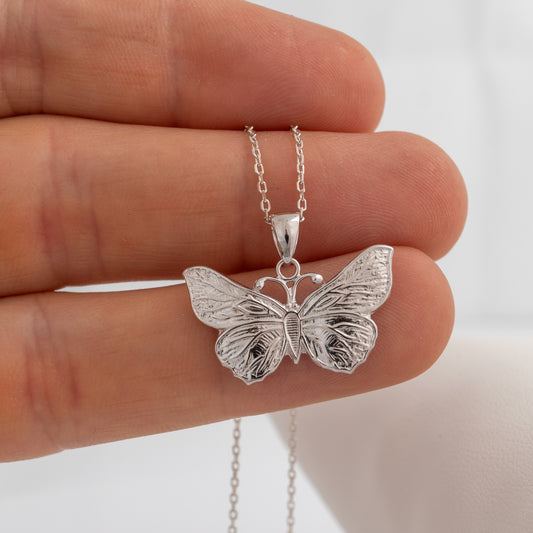 Silver butterfly pendant on a chain held between fingers against a neutral background