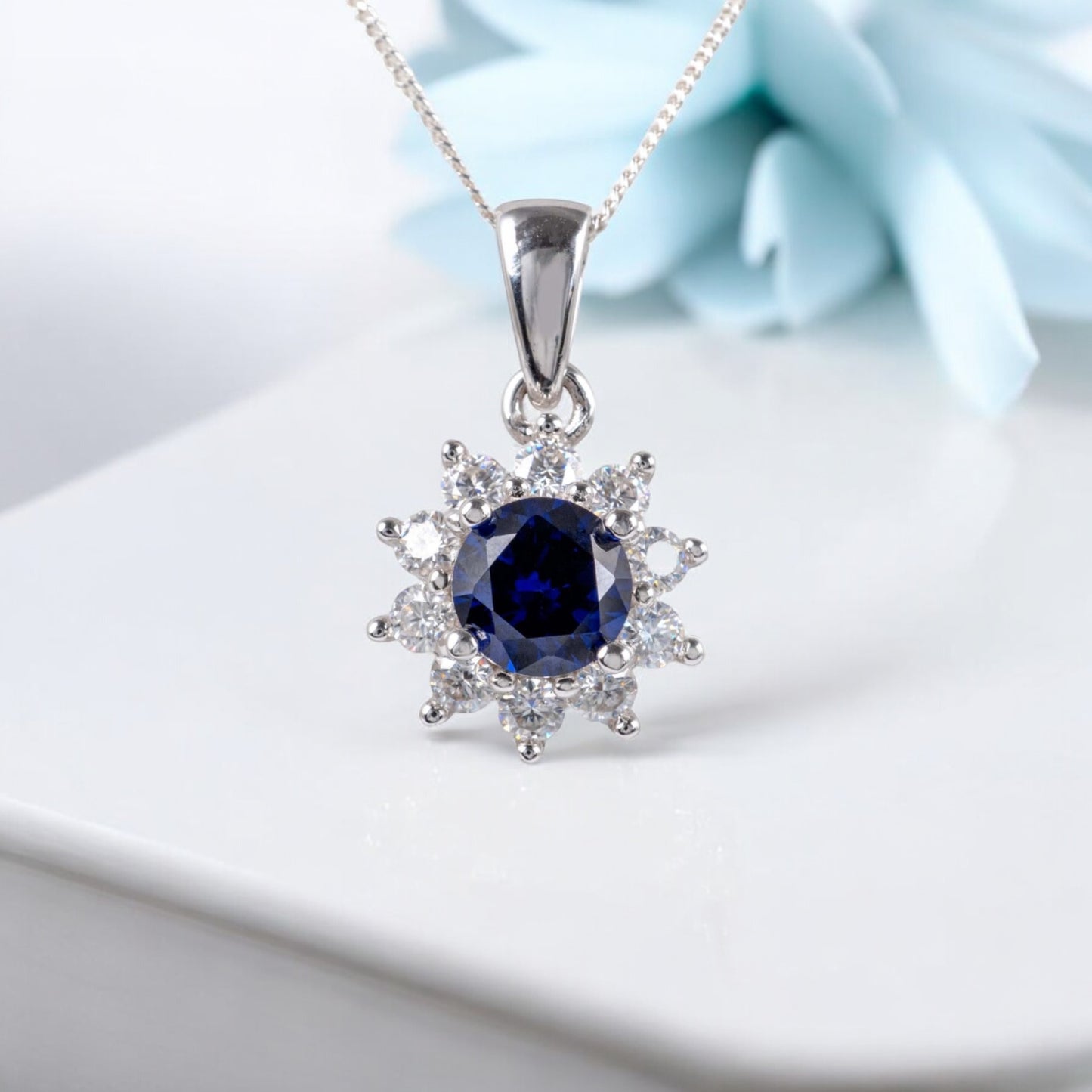 lab sapphire necklace moissanite halo pendant hunters fine jewellery uk