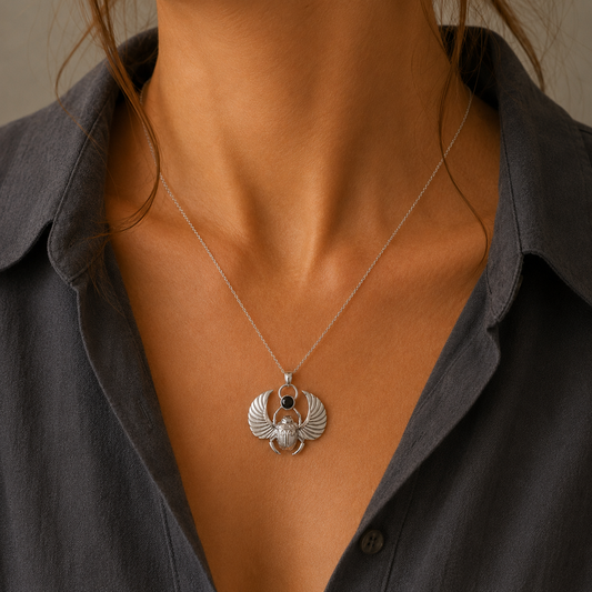 A close-up of a person wearing a silver pendant necklace with a winged scarab beetle design, styled with a dark gray button-down shirt.