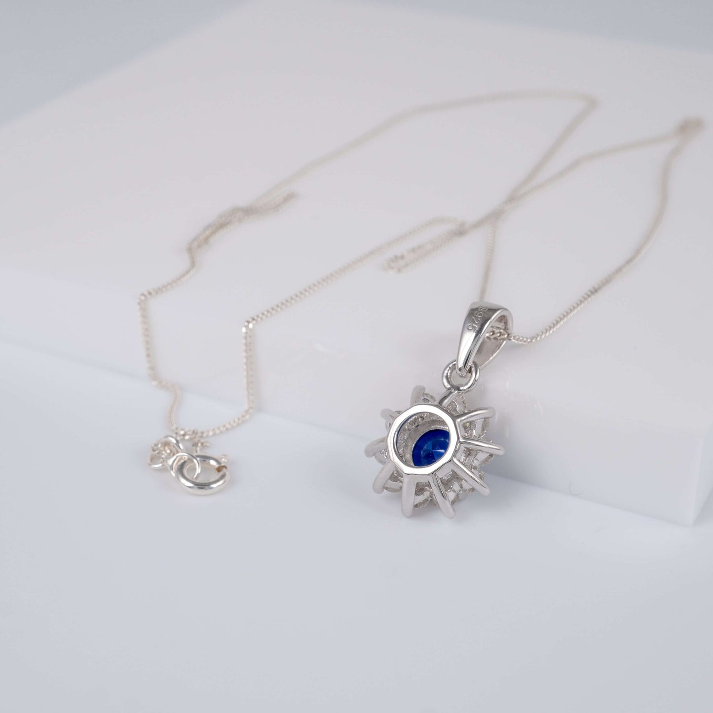 Lab-Grown Sapphire Pendant - Classic Silver Moissanite Halo Necklace