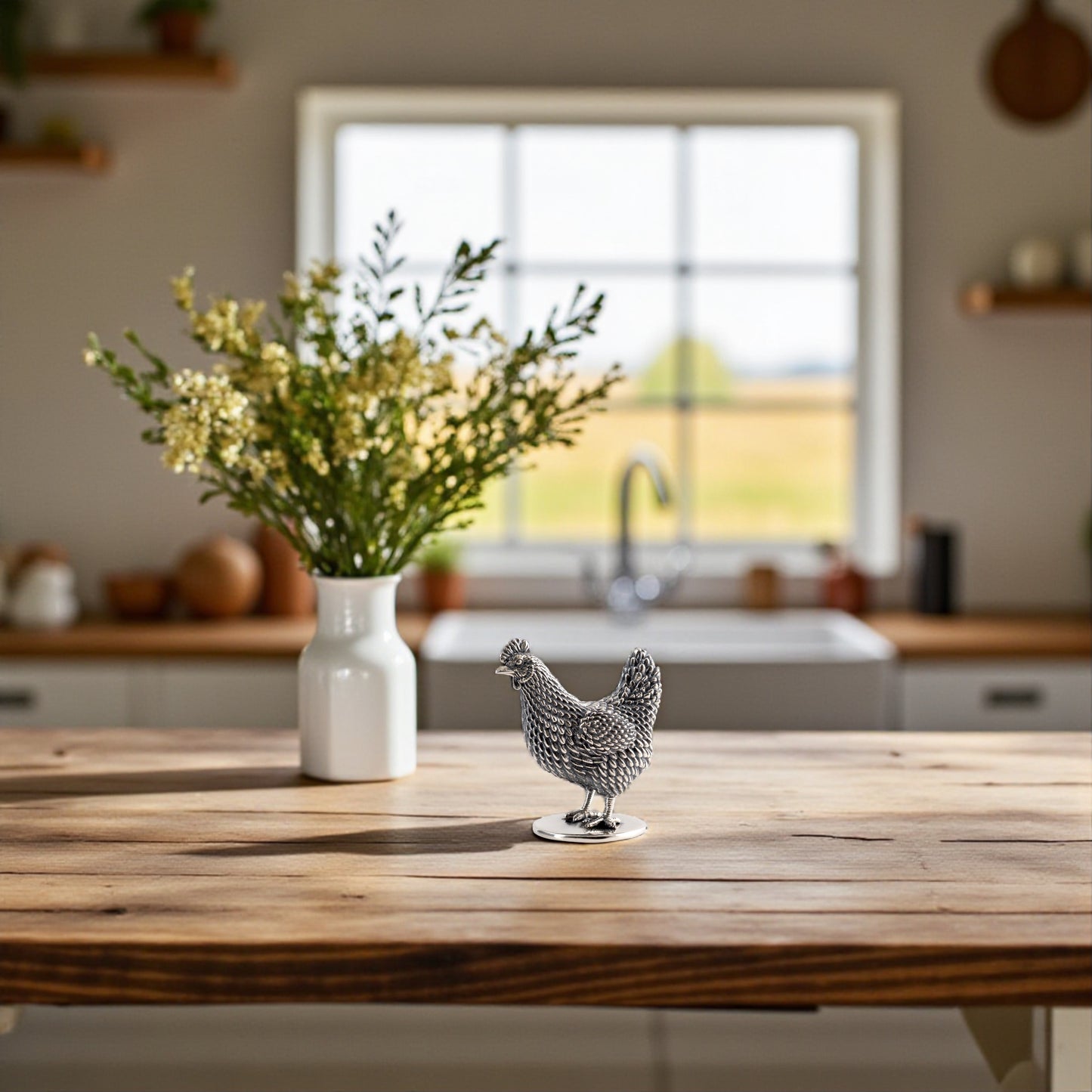 miniature silver hen figurine on a wooden table with a vase of flowers in the background.