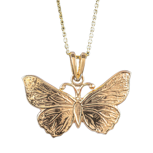 Gold butterfly necklace on chain – front view, close-up of pendant design