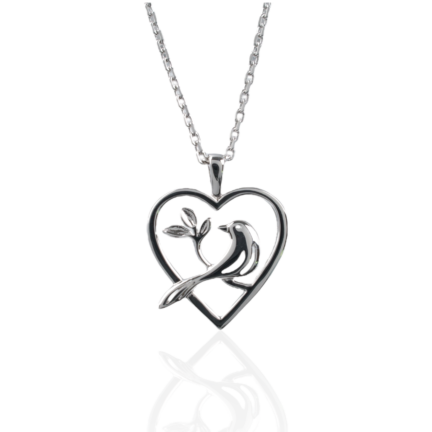 Sterling silver bird heart necklace pendant on white background