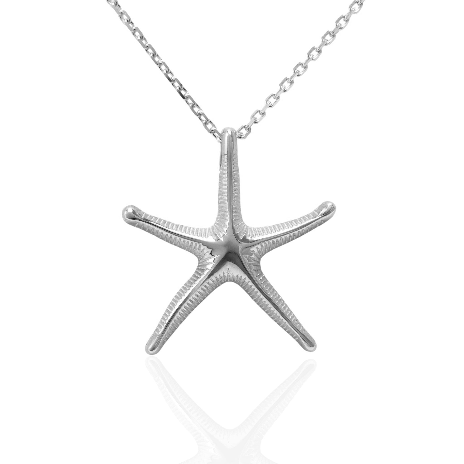 Silver starfish pendant on a chain against a white background