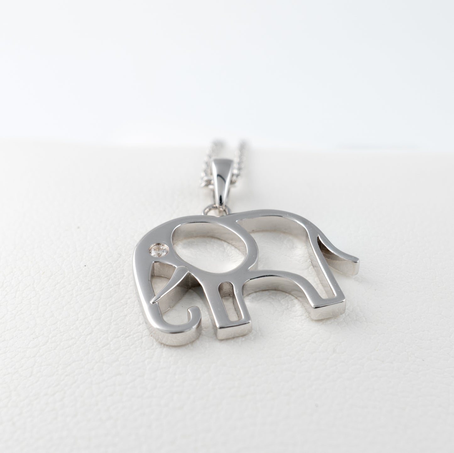 Lucky silver elephant pendant necklace close-up – sterling silver with cubic zirconia detail