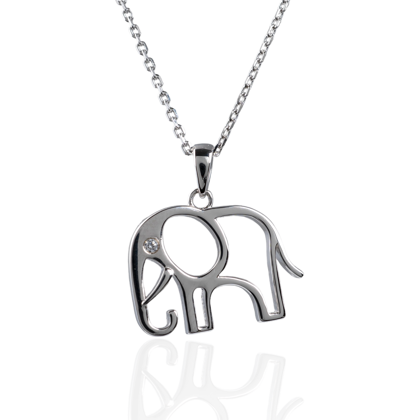 Sterling silver elephant necklace with CZ eye and adjustable chain – front view on white background
