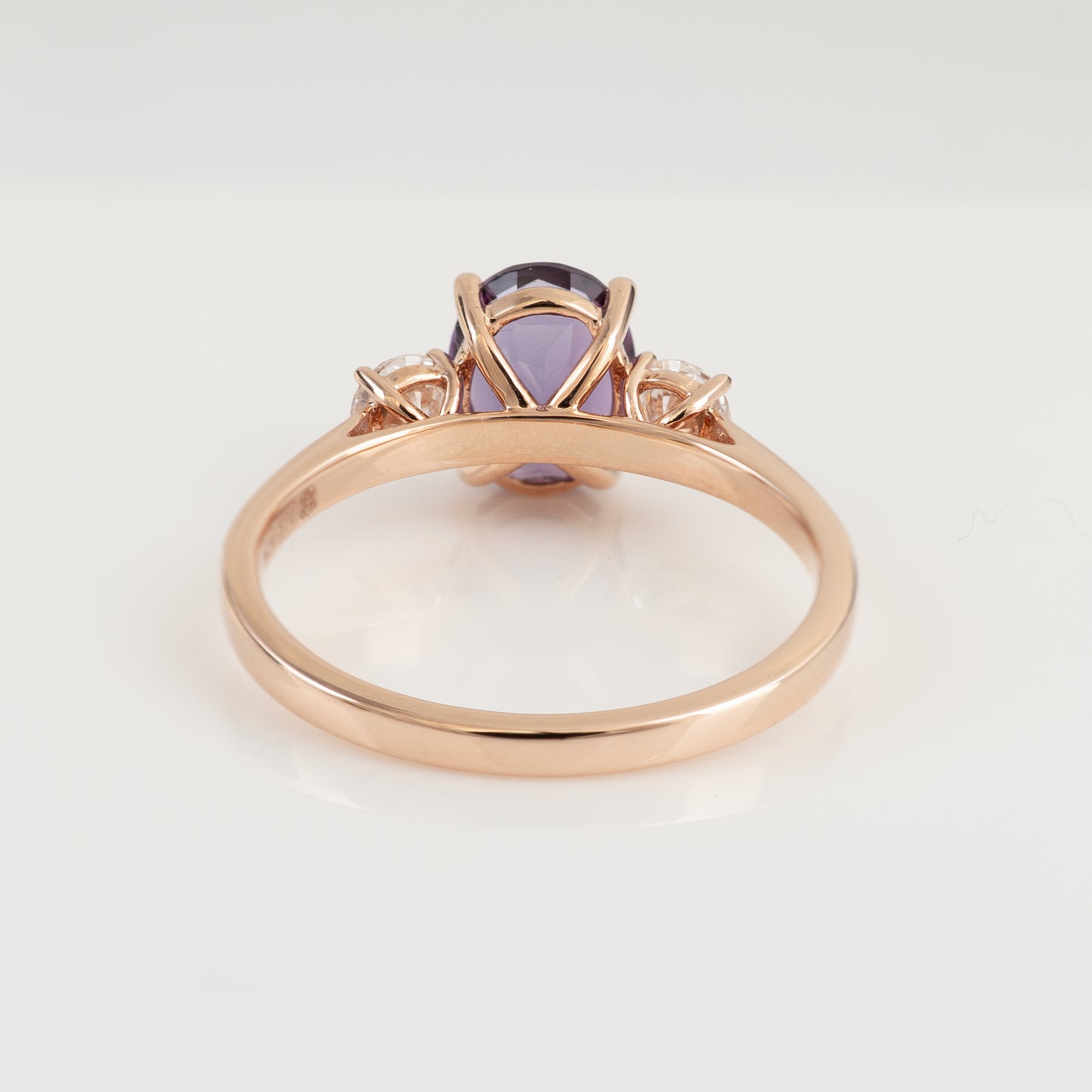 Rear view of amethyst ring gold in 9ct rose gold with hallmark