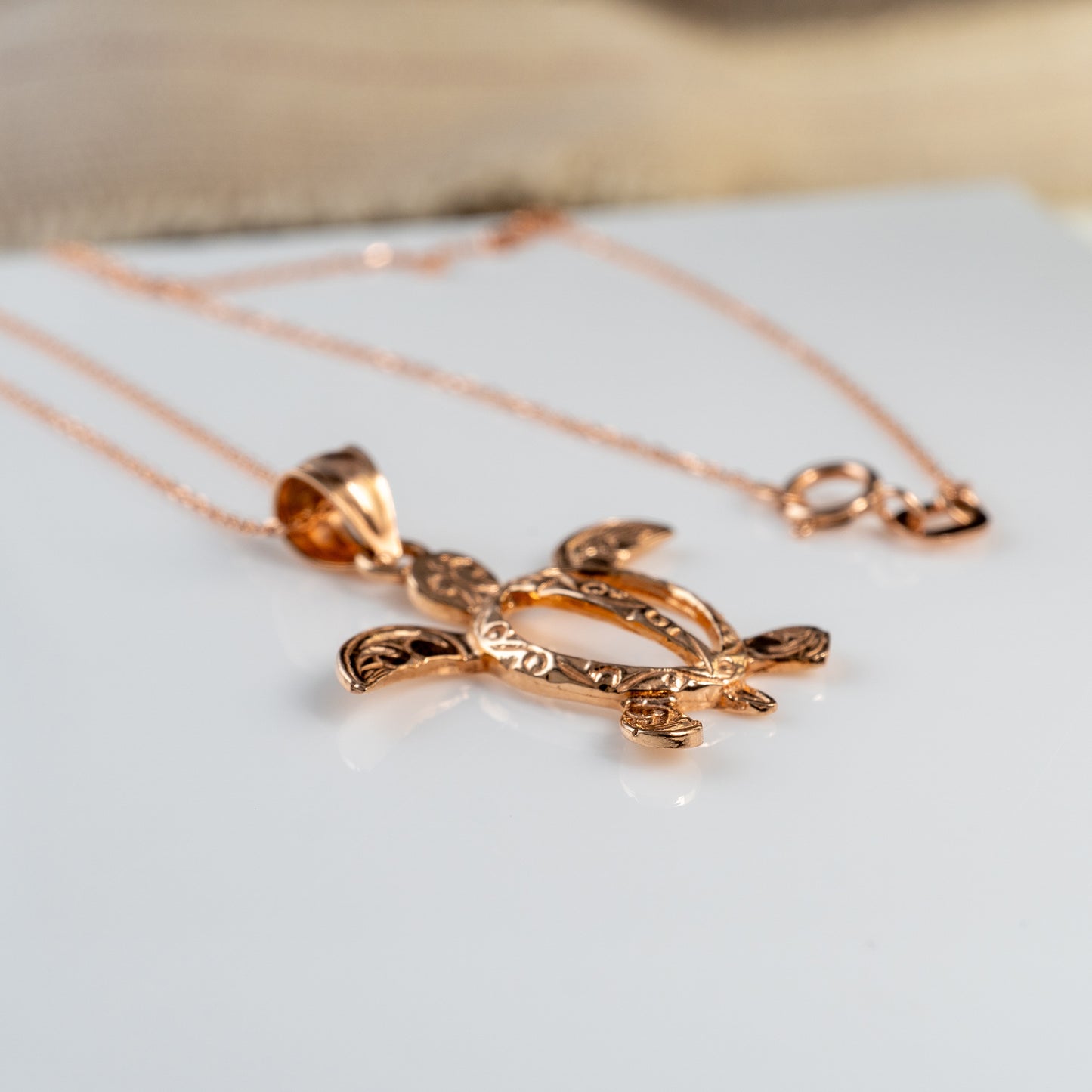 Sea Turtle charm pendant in 14ct rose gold with 9ct belcher chain