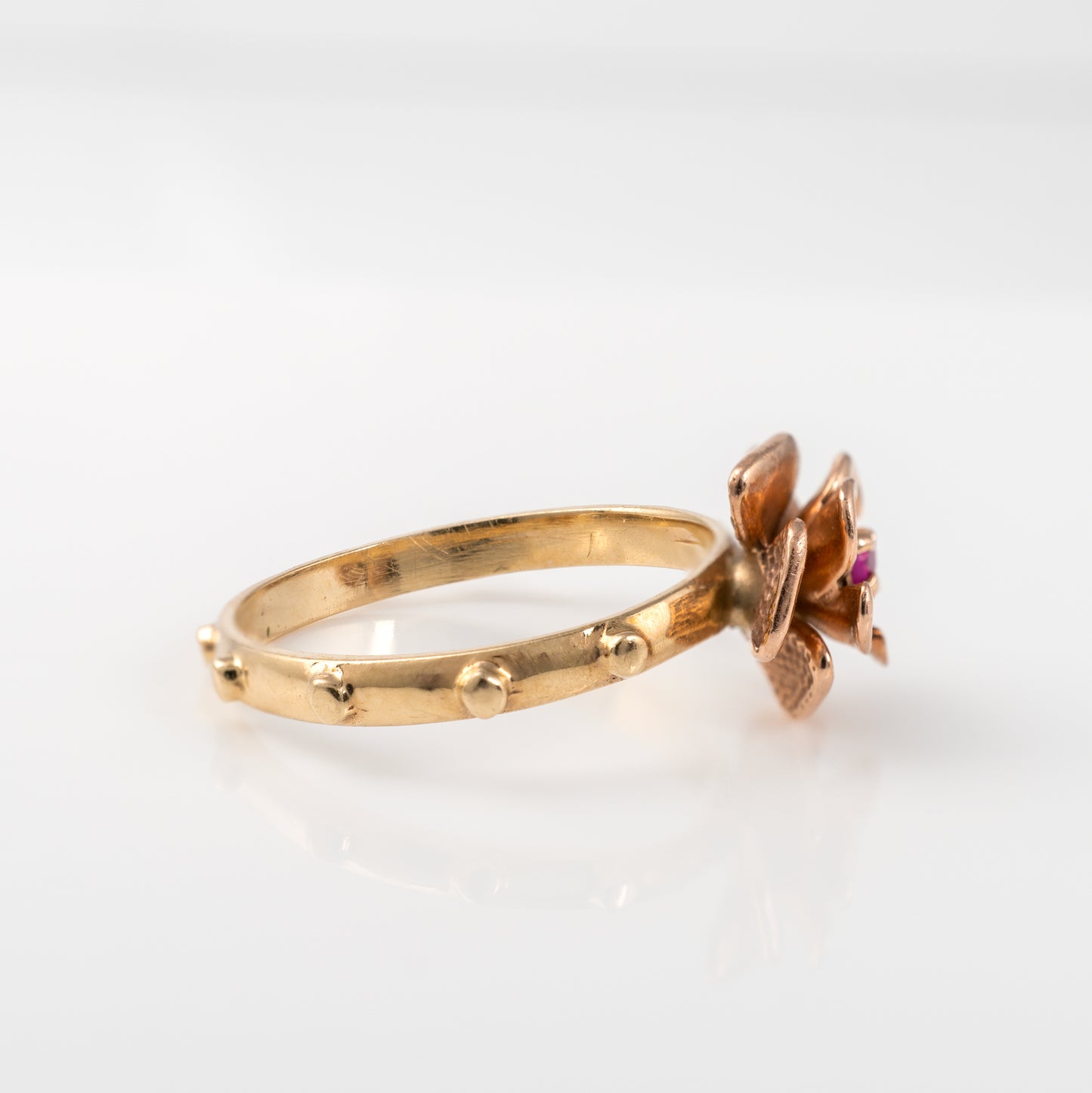 14K Gold Rosary Ring with Ruby Rose Design