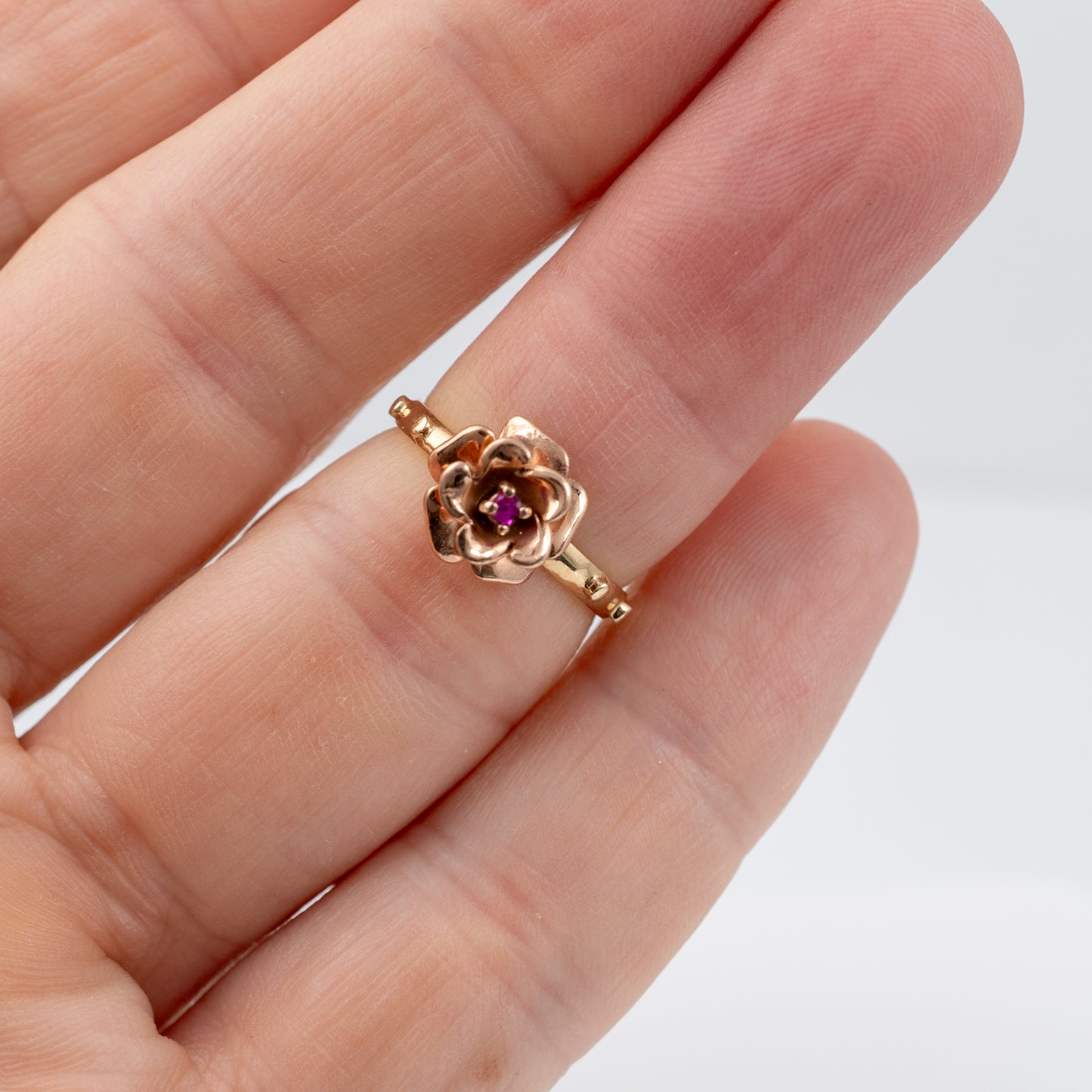 14K Gold Rosary Ring with Ruby Rose Design