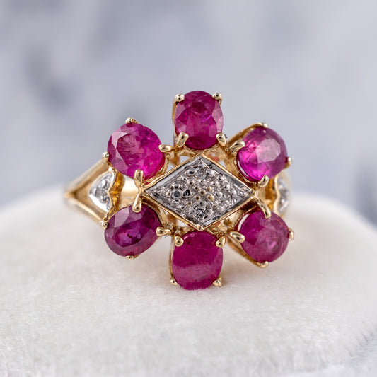 ruby flower ring 9ct yellow gold front view