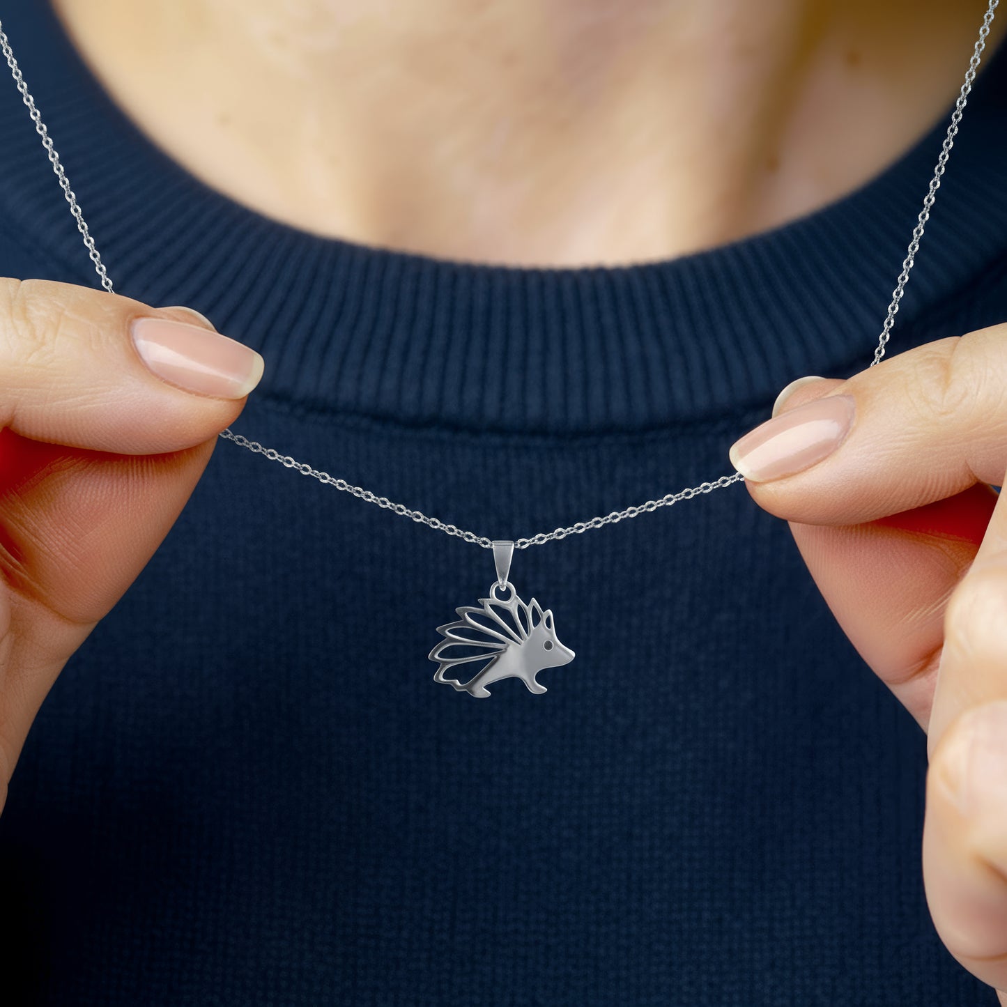 Sterling silver hedgehog necklace worn on 16–18 inch chain – gift for hedgehog lovers