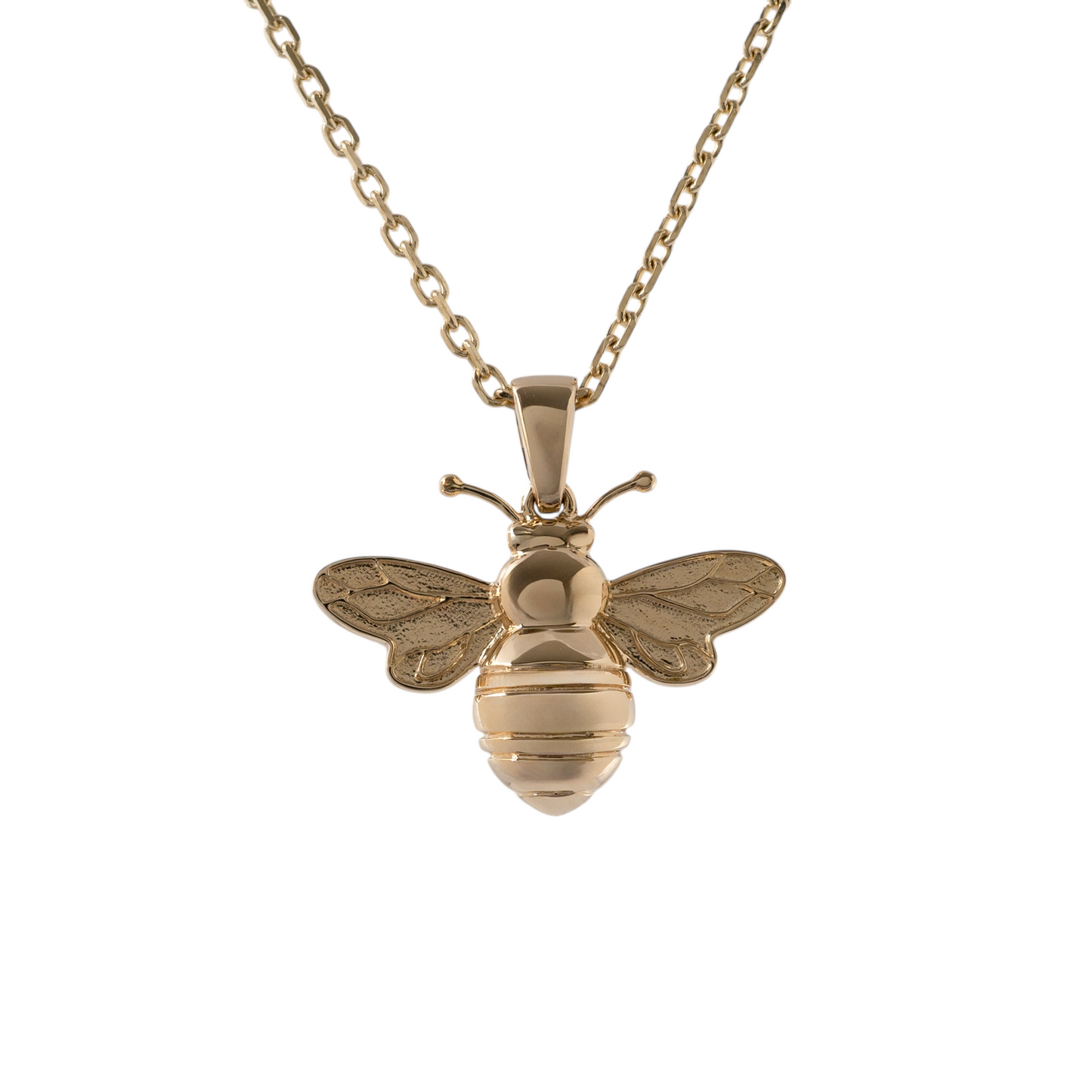 9ct gold bee pendant necklace with detailed vein-patterned wings and polished body – a unique design by Hunters Fine Jewellery