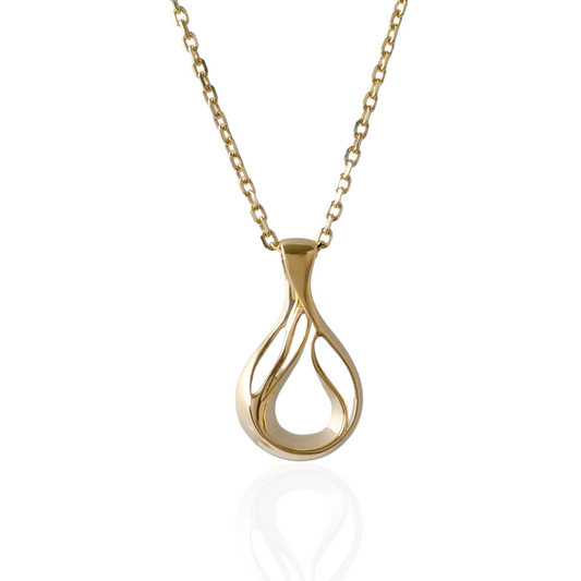 Gold teardrop pendant necklace with abstract design by hunters fine jewellery