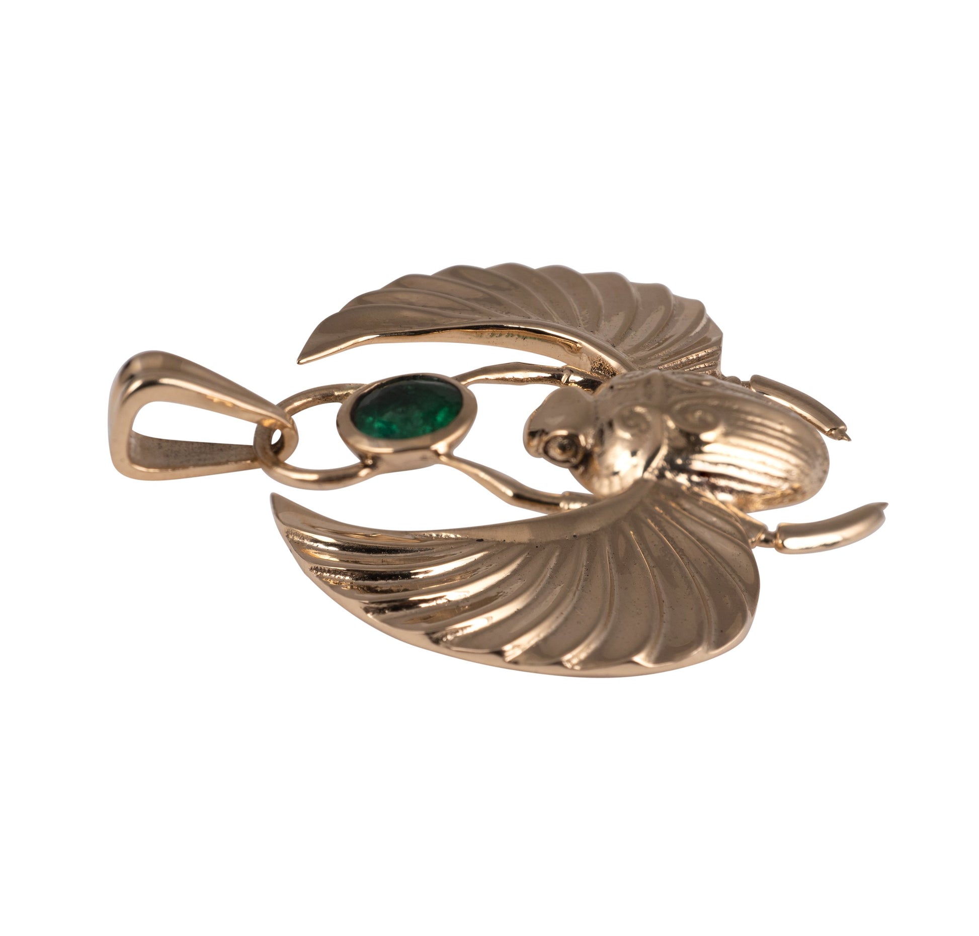 side view lab-grown emerald set in gold scarab beetle necklace