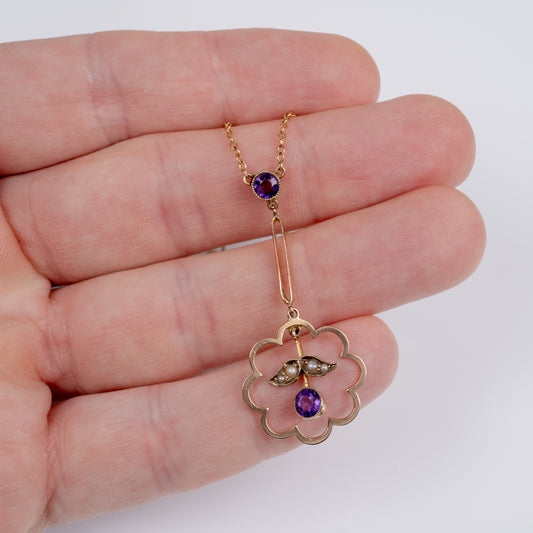 Antique Amethyst & Seed Pearl Pendant 9ct Gold Circa 1910-Gemstone Pendants-Hunters Fine Jewellery