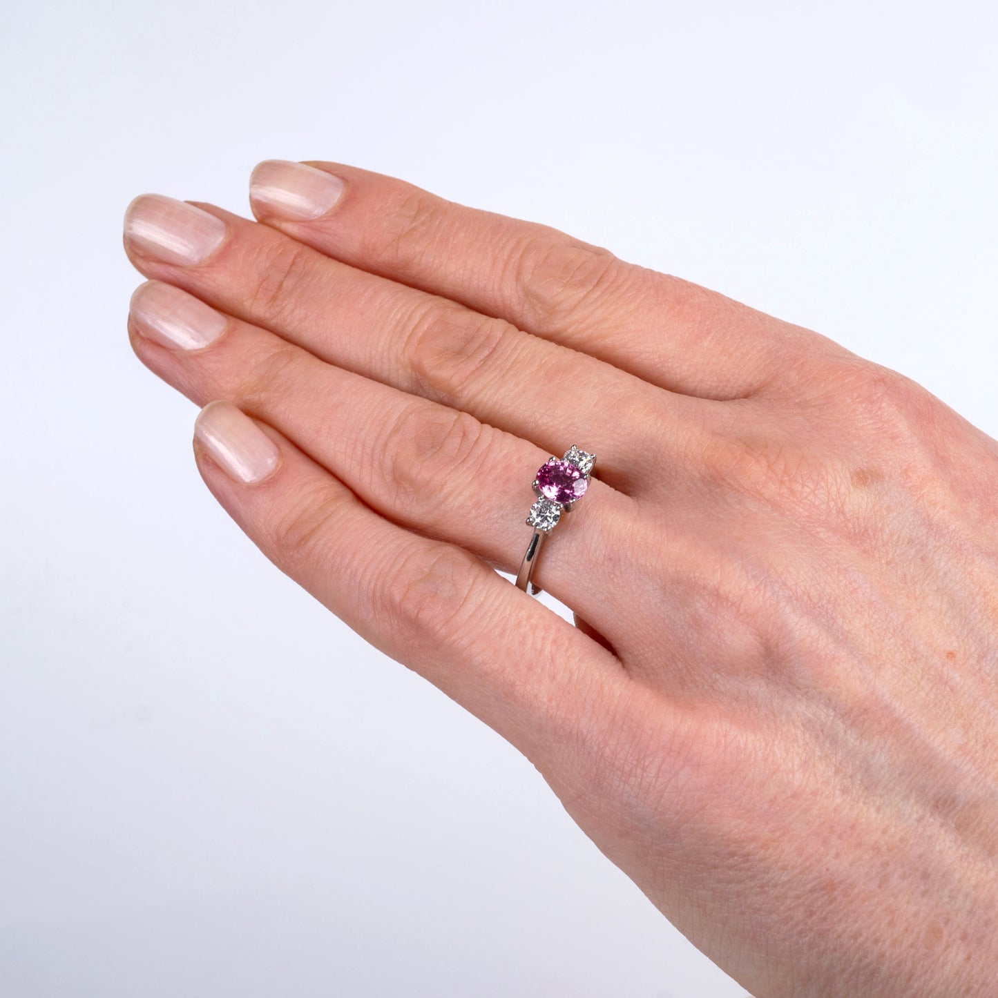 Pink Sapphire & Diamond Platinum Three Stone Ring - Hunters Fine Jewellery