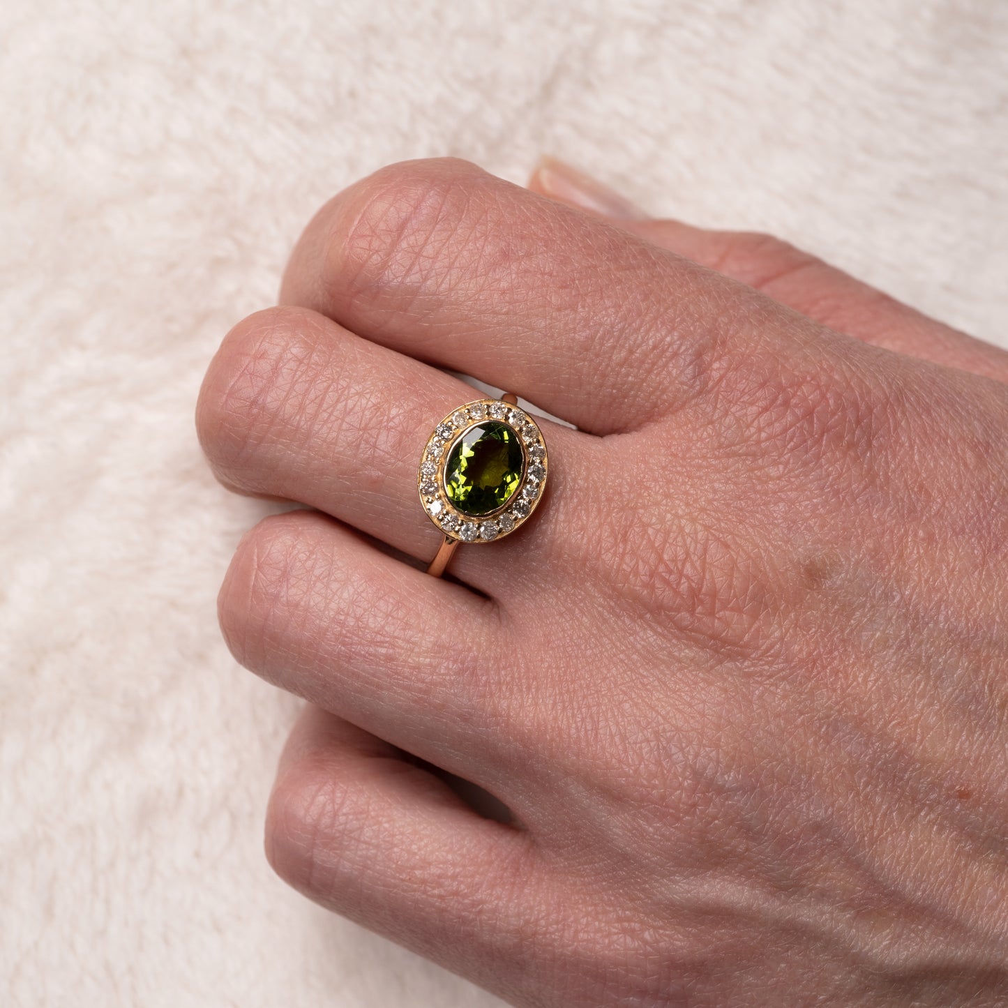 Green Tourmaline & Diamond Oval Halo Ring 18k Gold-Gemstone Rings-Hunters Fine Jewellery