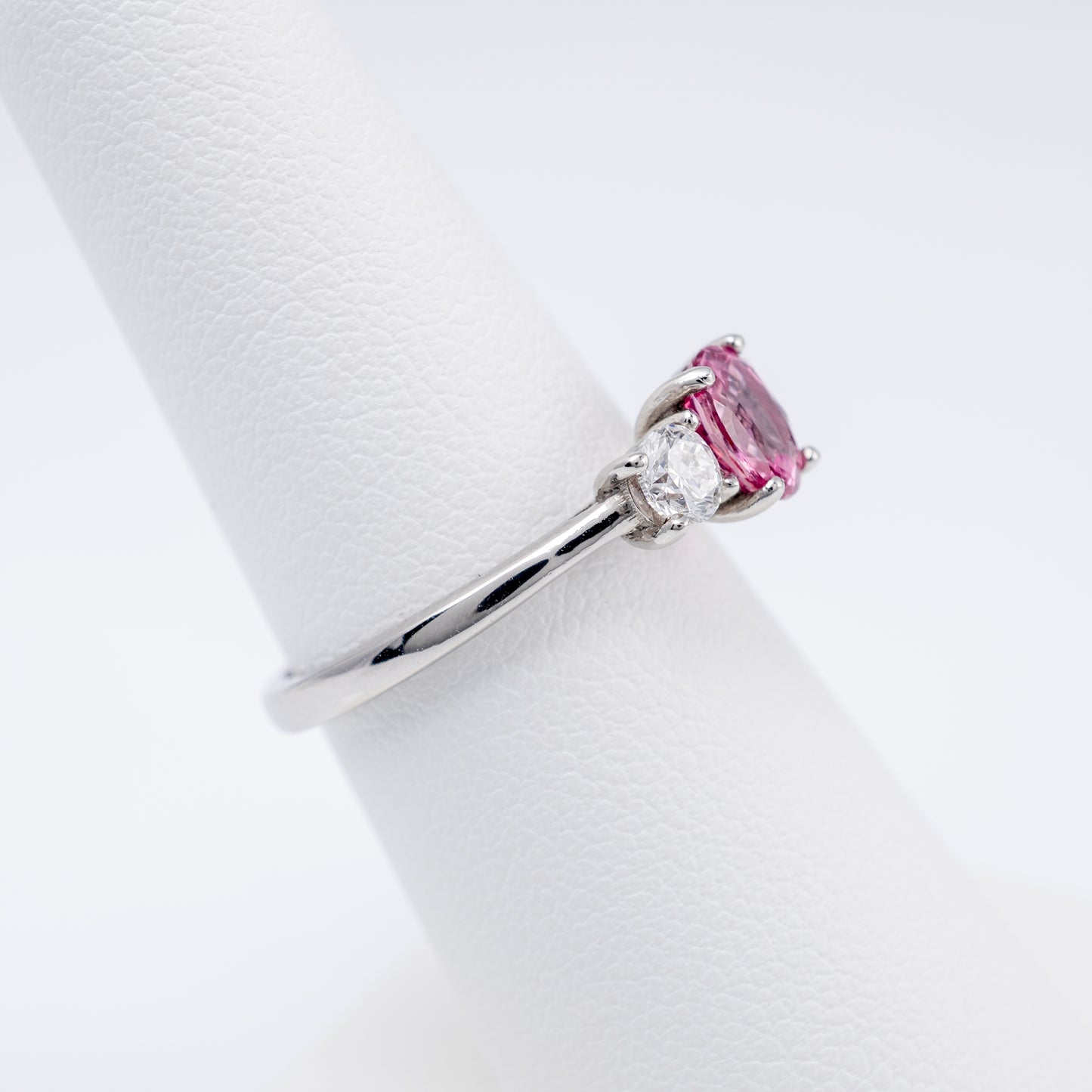 Pink Padparadscha Sapphire & Diamond Platinum Three Stone Ring - Hunters Fine Jewellery