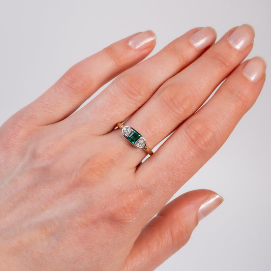 9ct Gold Deco Inspired Lab Emerald Diamond Boat Ring Size N - Hunters Fine Jewellery