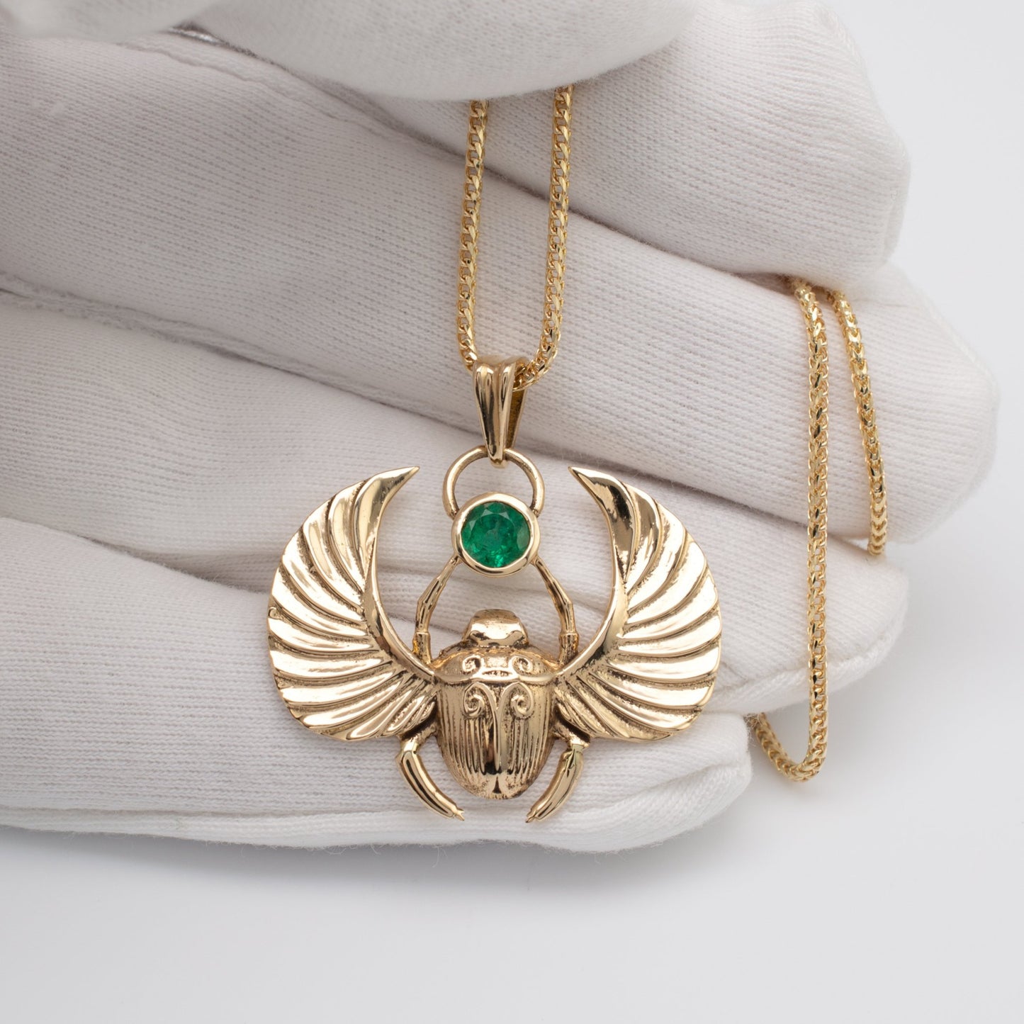 Solid 18K Gold Emerald Set winged scarab beetle necklace