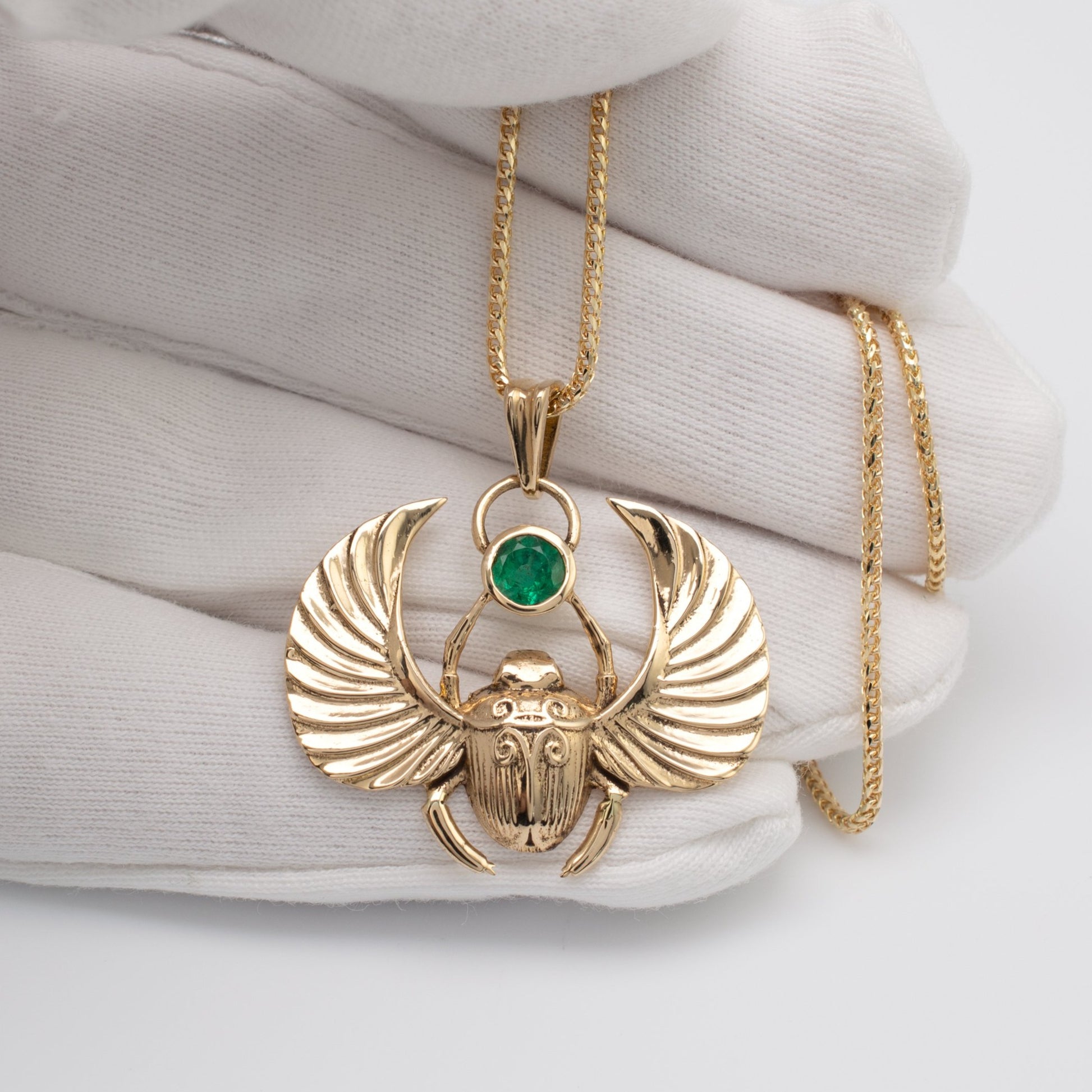 Solid 18K Gold Emerald Set winged scarab beetle necklace