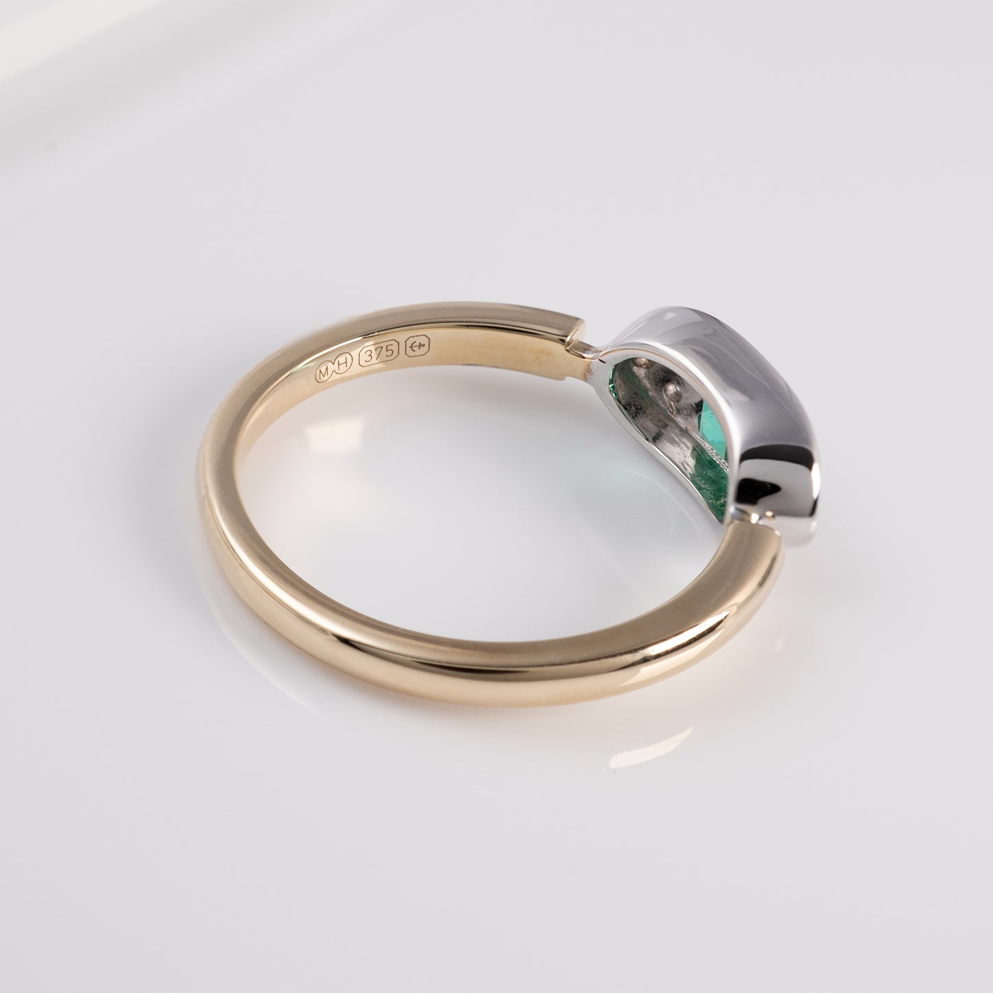 9ct Gold Deco Inspired Lab Emerald Diamond Boat Ring Size N - Hunters Fine Jewellery