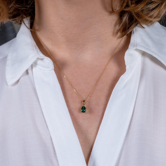 Lab Emerald Teardrop Pendant 9ct Yellow Gold - Hunters Fine Jewellery
