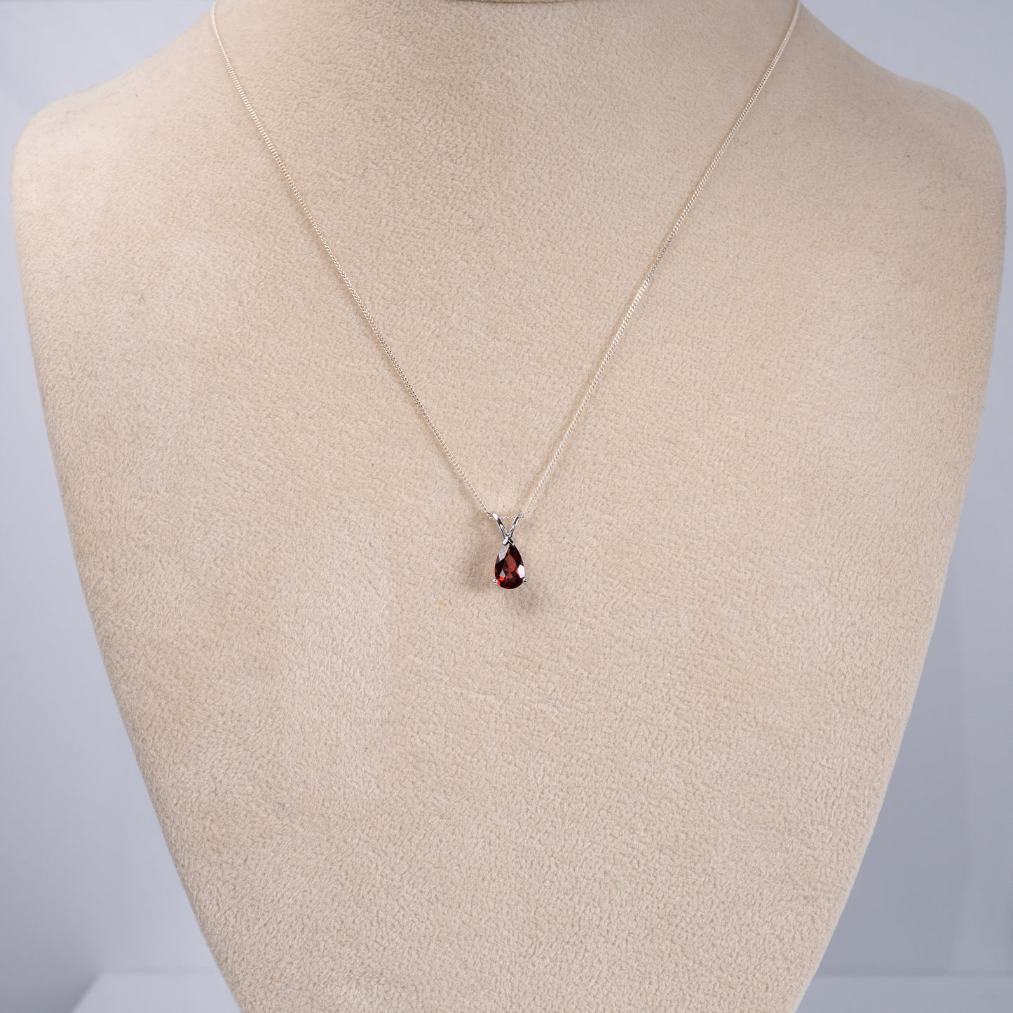 Garnet birthstone necklace on bust – January gift idea