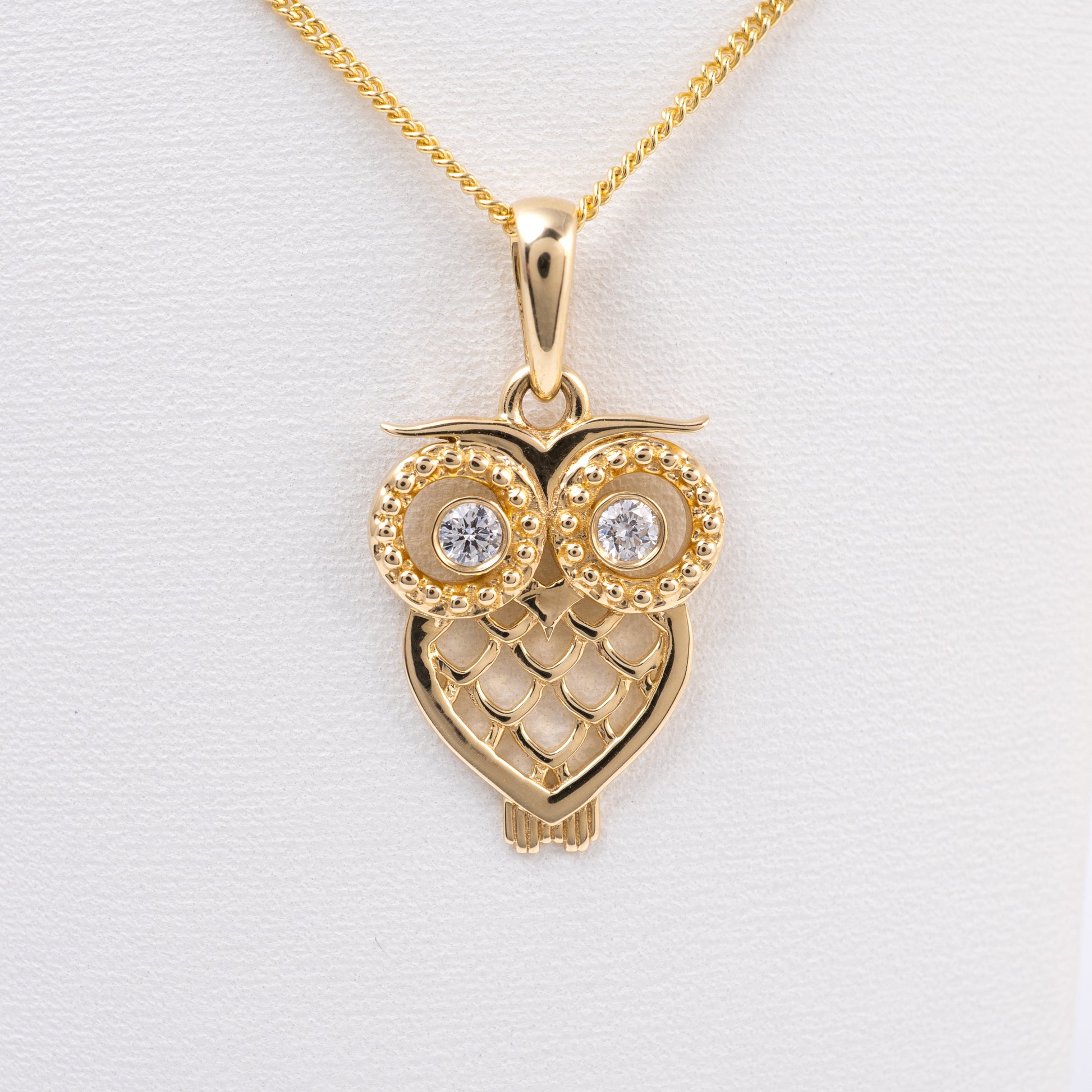 yellow gold owl necklace pendant diamond eyes hunters fine jewellery shop