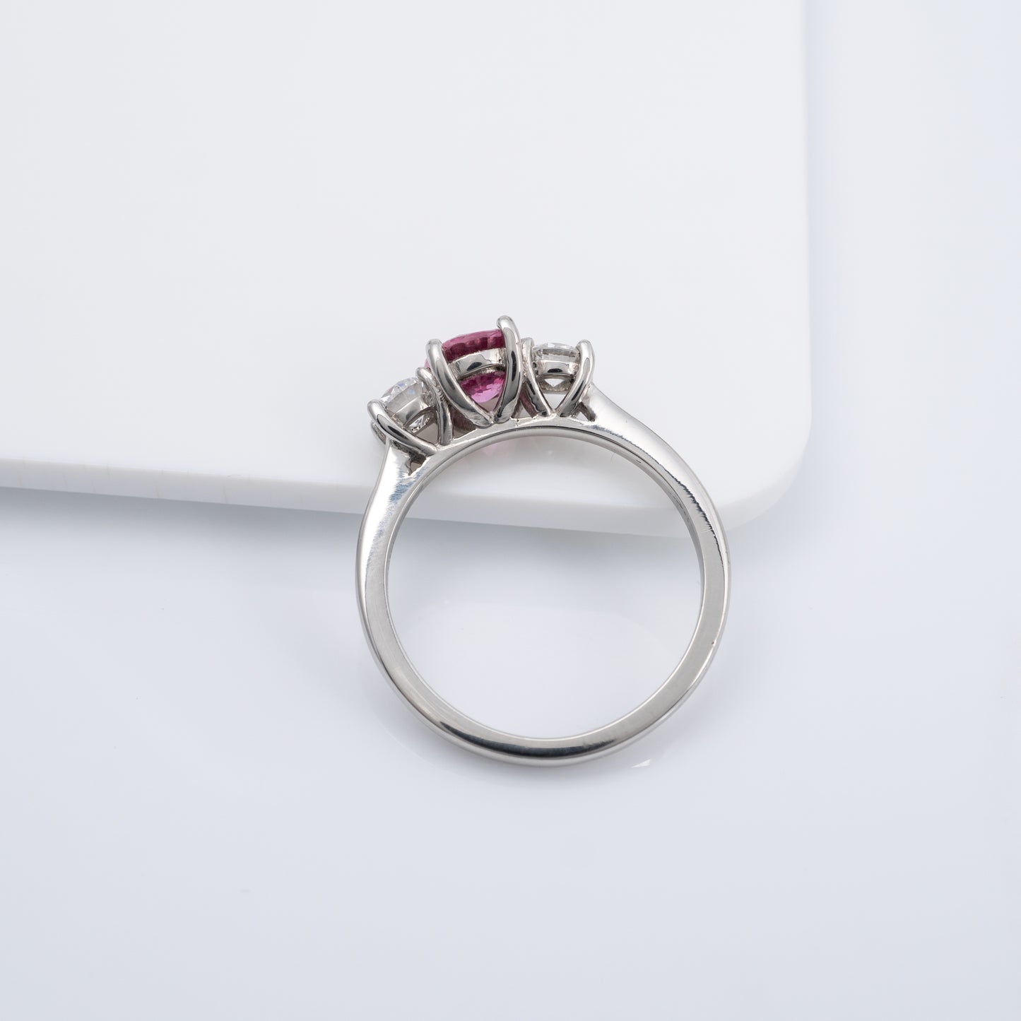 Pink Padparadscha Sapphire & Diamond Platinum Three Stone Ring - Hunters Fine Jewellery