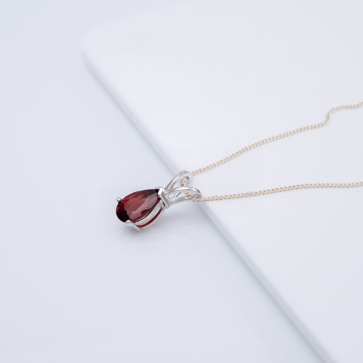 Red garnet teardrop necklace with sterling silver chain