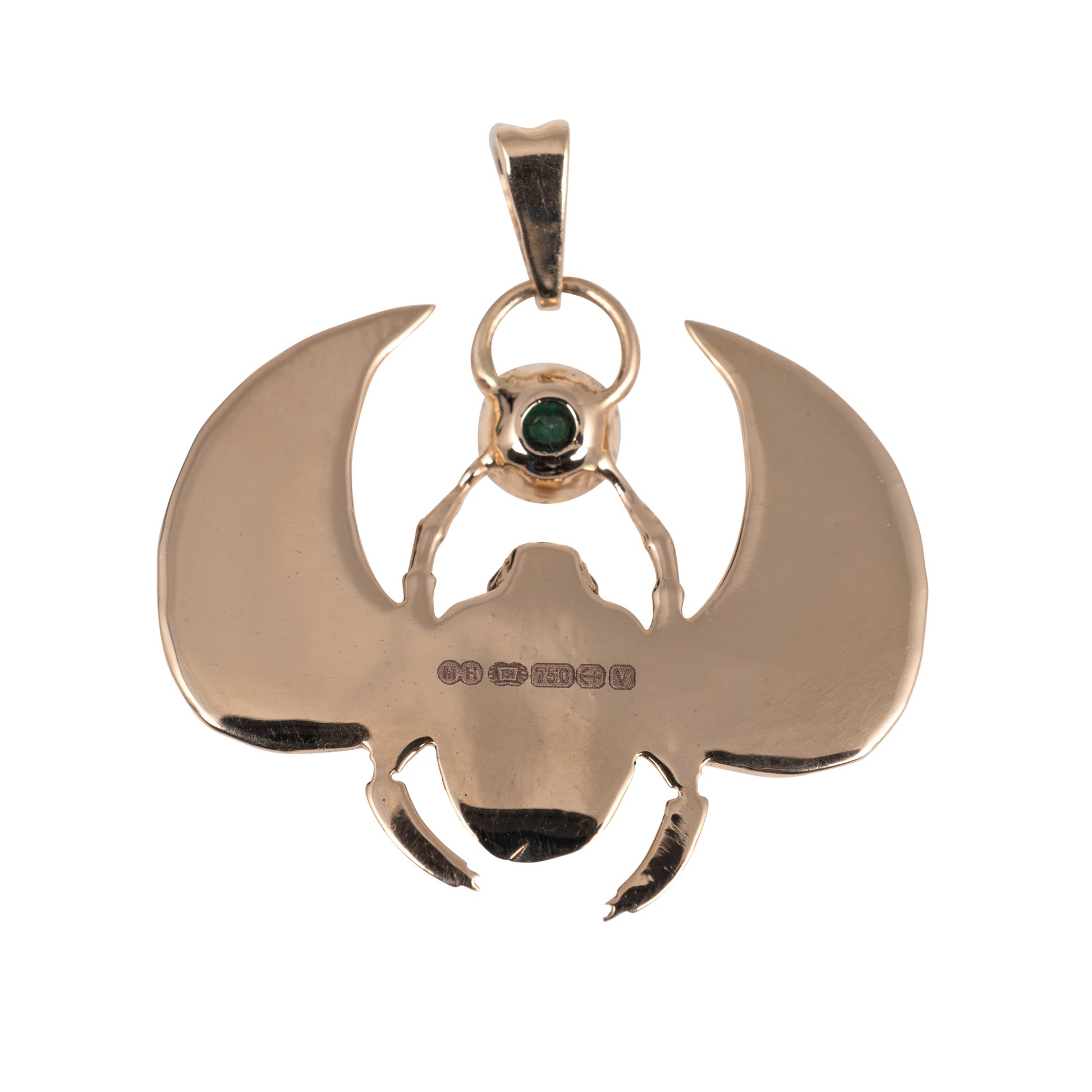 Close-up of UK 18ct gold hallmarks on 18K gold winged scarab beetle pendant
