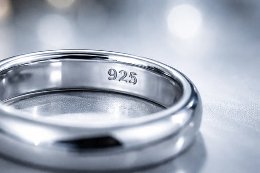 Close-up of 925 sterling silver hallmark stamped inside polished silver ring