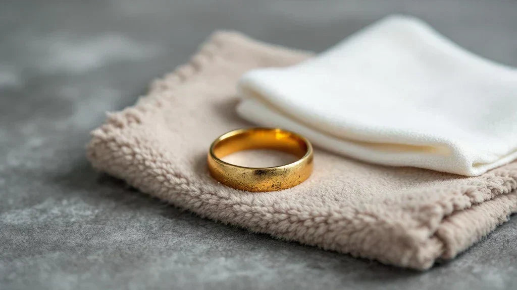Tarnished 9ct gold ring resting on a soft beige jewellery cleaning cloth with a folded white polishing cloth beside it, placed on a textured grey surface.