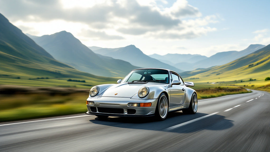 Sterling silver Porsche 911 model car driving through the Scottish Borders mountains on a scenic road.