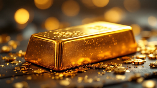 Gold bullion bar with scattered gold pieces and warm glowing light reflections, representing gold’s value and significance