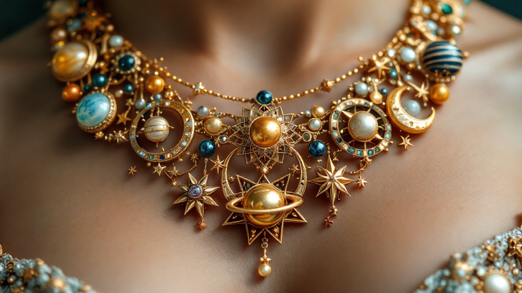 fantasy image of a necklace with moon planets stars representing celestial jewellery