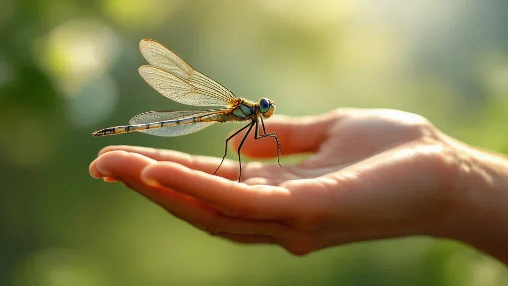 A delicate dragonfly rests gently on an open hand, bathed in warm sunlight. Its intricate wings glisten, symbolizing transformation, spiritual guidance, and a deep connection with nature.