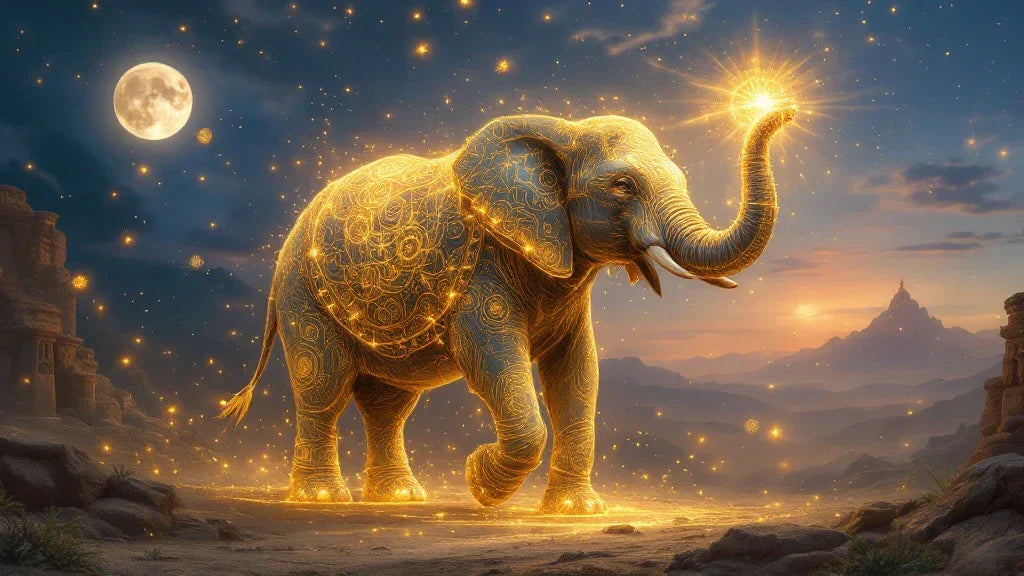 Mystical golden elephant with glowing symbols, standing under a full moon with its trunk raised, representing wisdom, strength, and spiritual power