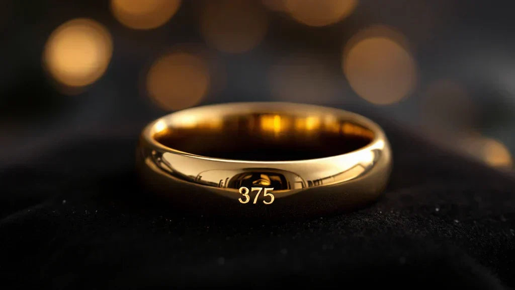Close-up of a 9ct gold ring with a 375 hallmark, placed on a black velvet background with warm lighting