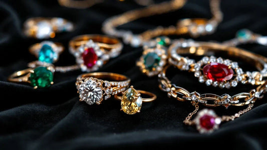 A luxurious collection of fine jewellery, including gold, platinum, and sterling silver rings, bracelets, and necklaces with natural diamonds, sapphires, rubies, and emeralds, displayed on a black velvet background.