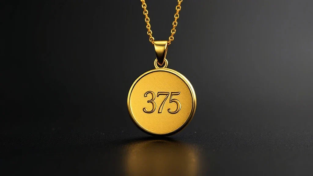 Gold pendant with '375' engraving on a dark background, symbolizing 9ct gold authenticity.