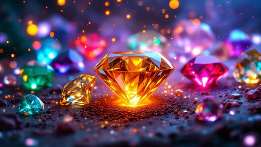 Colorful lab-grown gemstones displayed on a dark surface with bokeh lighting effects, featuring a central glowing amber diamond surrounded by emerald, ruby, and other multi-colored precision-cut stones creating a magical, ethereal atmosphere