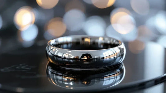 Rhodium-plated silver band ring with a high-polish finish, reflecting soft bokeh lighting on a black surface