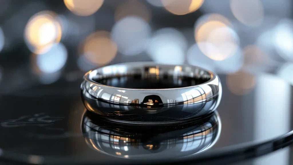 Rhodium-plated silver band ring with a high-polish finish, reflecting soft bokeh lighting on a black surface
