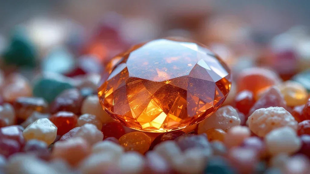 Close-up macro photograph of a faceted orange-amber colored gemstone sparkling against a backdrop of smaller mixed gemstones in white, red, and turquoise hues. 