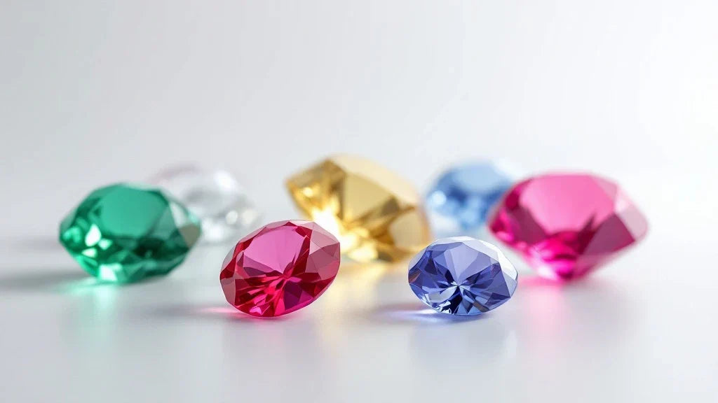 A collection of lab-grown gemstones in various colors, including blue, orange, purple, and clear, displayed on a white surface. The gemstones are faceted, showcasing their brilliance and clarity, representing ethical and sustainable jewellery alternatives