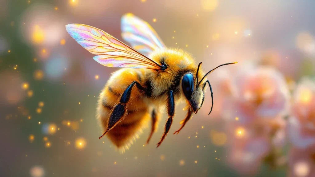 A close-up of a golden bee with iridescent wings, symbolizing hard work, unity, and spiritual transformation in nature